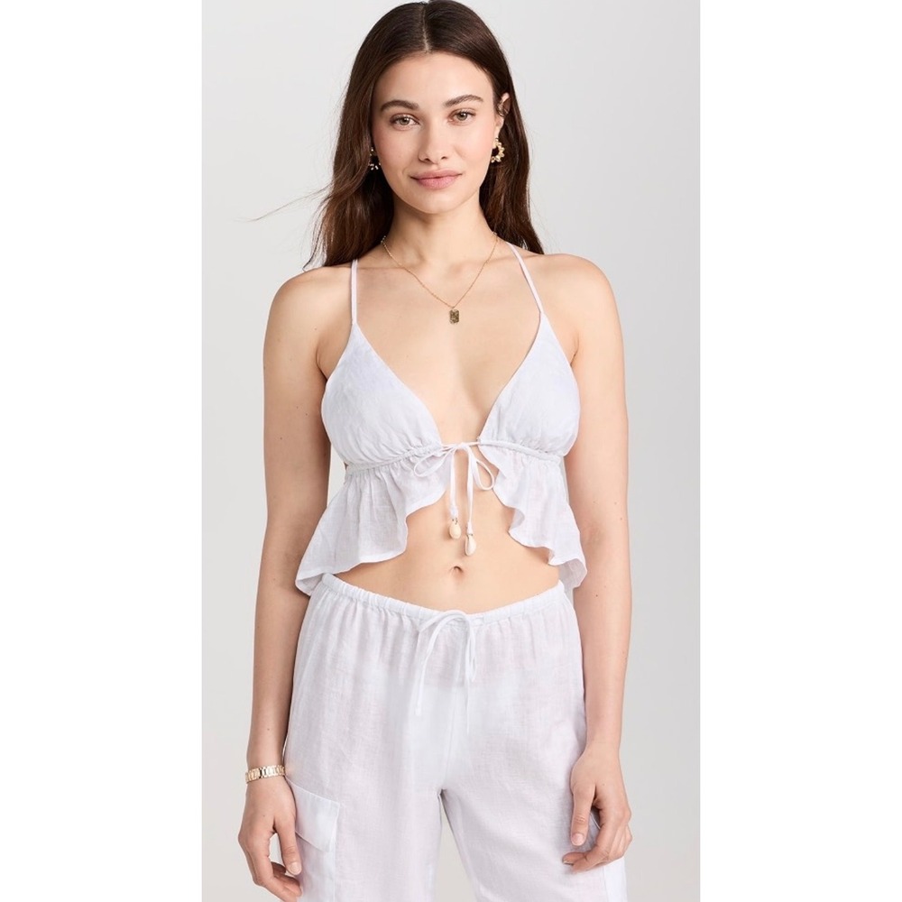 L*Space Sundown Top White Linen Tie Front Puka Shell Cami XL SNDTP24